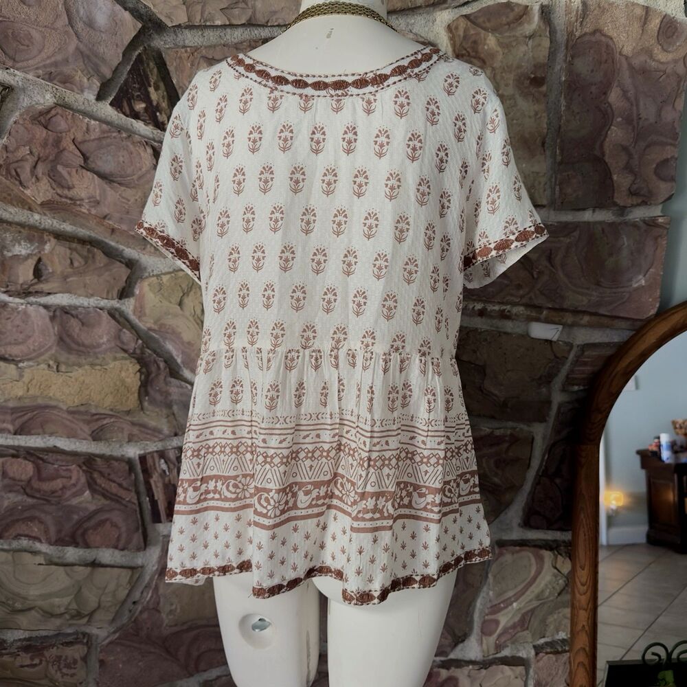 Sigrid Olsen Top Blouse Women Large 100% Linen Floral Boho Beach Mature Small